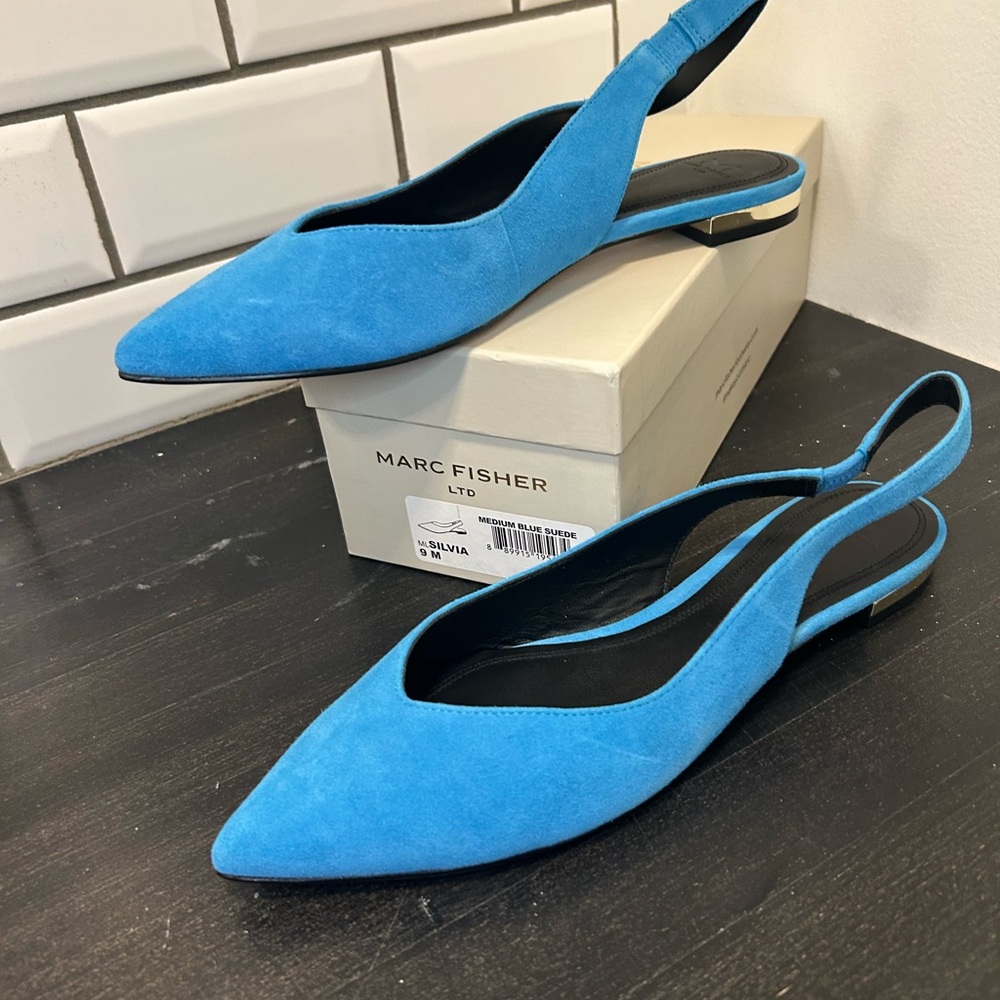 Last Pair- Marc Fisher Silvia Vibrant Blue Suede Slingback Flats - Picture 3 of 4